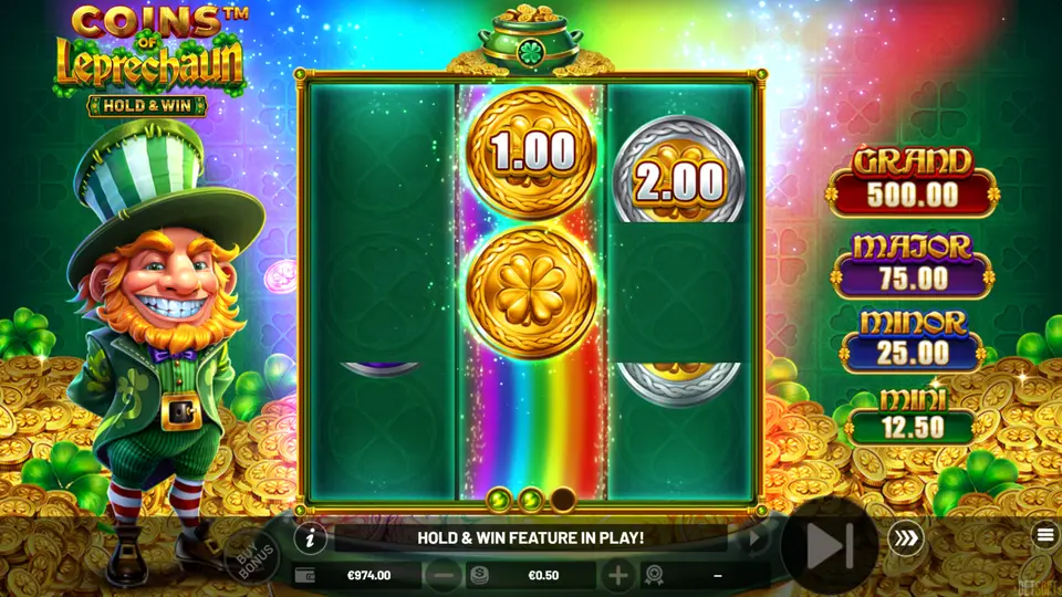 Coins of Leprechaun Hold & Win trigger with three BONUS symbols and a Leprechaun Bonus coin