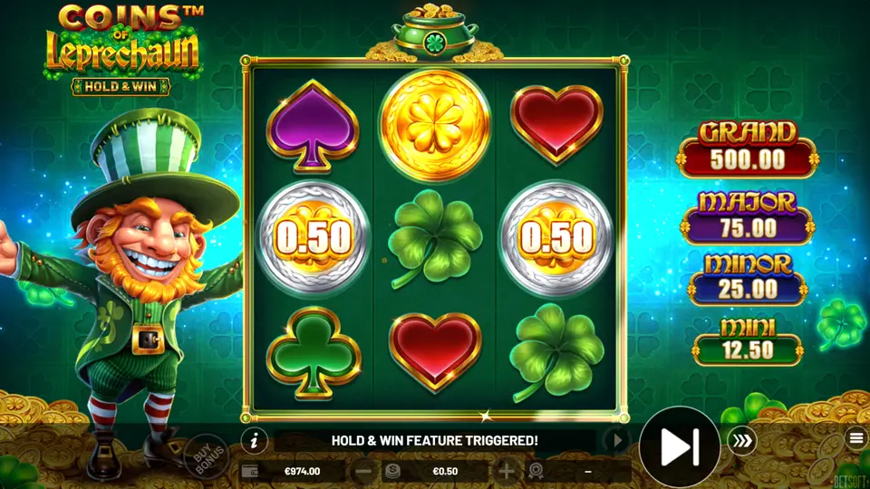 Coins of Leprechaun Hold & Win base game grid with leprechaun WILD symbol